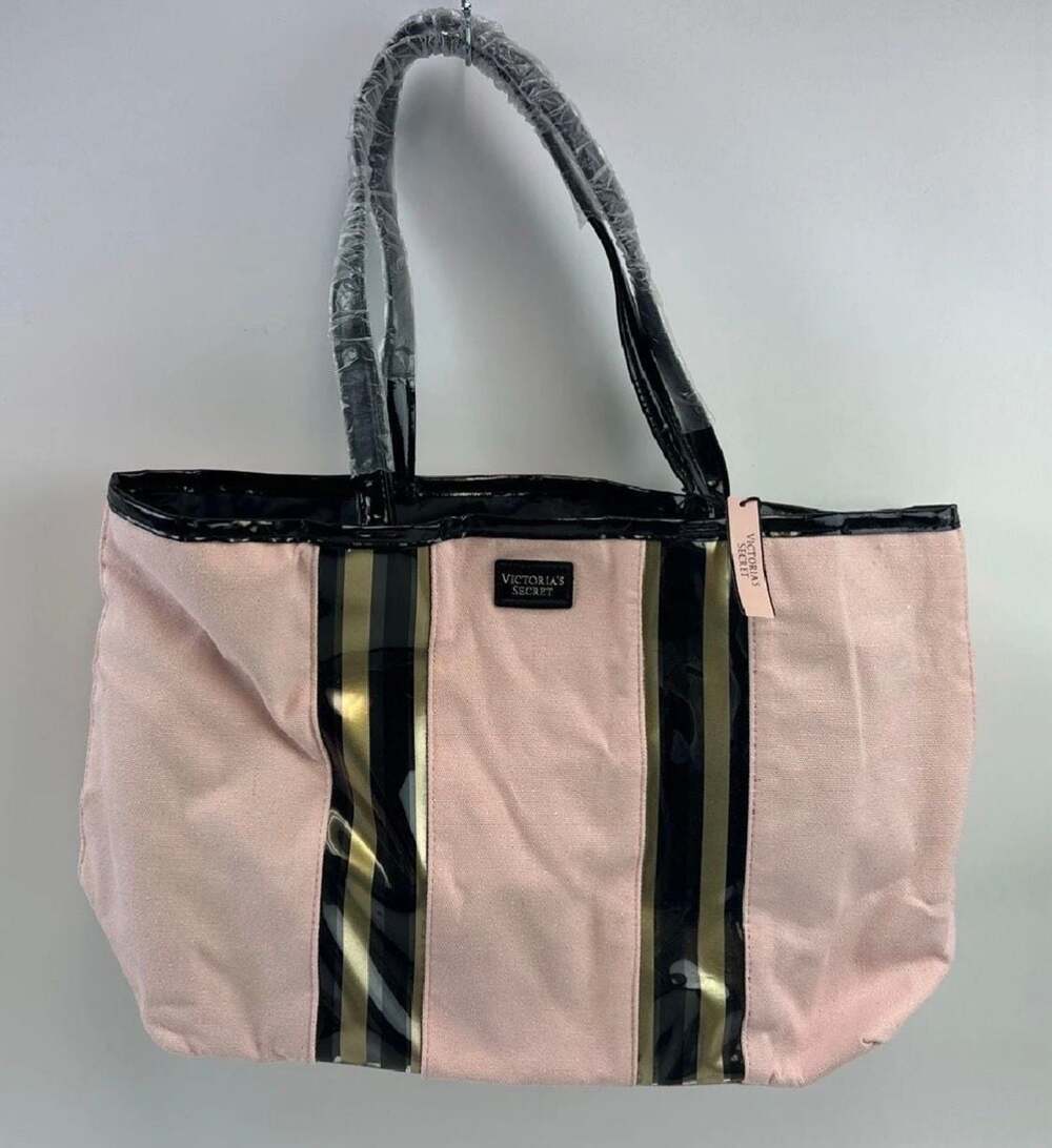 Victoria's Secret Iconic Heritage Stripe Canvas Tote Bag Pink Black Gold